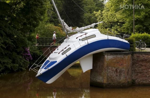 The sailing ship "Misconceivable" by Austrian artist Wurm is seen at the Middelheim Museum in Antwerp